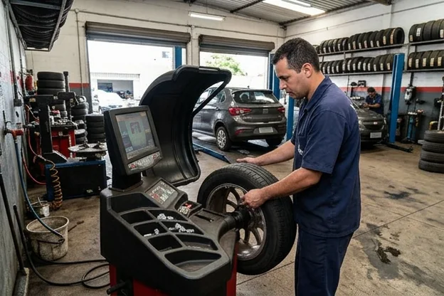 Equipamentos de balanceamento de rodas em uma borracharia em Araraquara.