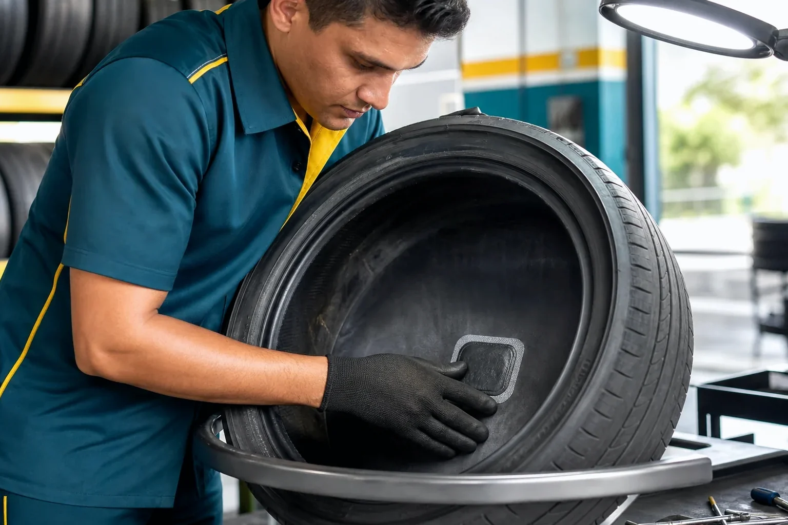 Profissional realizando conserto de pneu em Araraquara.