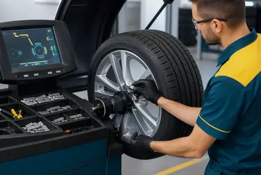 Técnico realizando balanceamento de rodas em Araraquara.